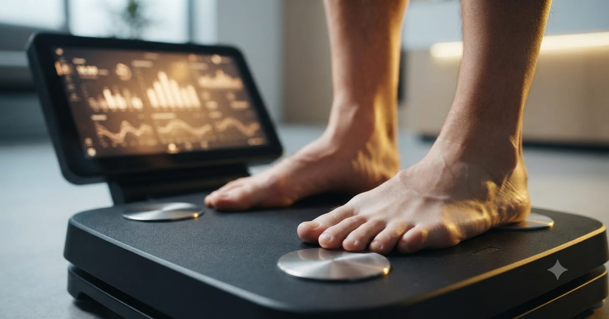 Exame de bioimpedância medindo composição corporal